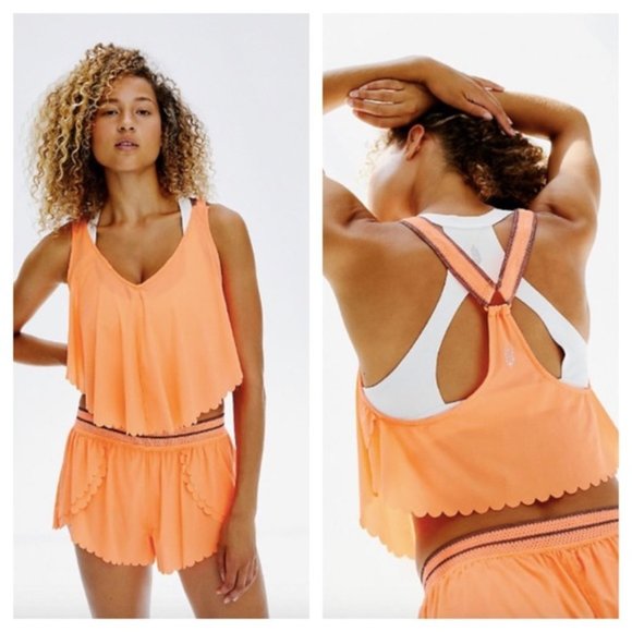 Free People Pretty Lil Running Top Neon Mango Coral Loose Scalloped Yoga Gym NEW - Picture 1 of 5